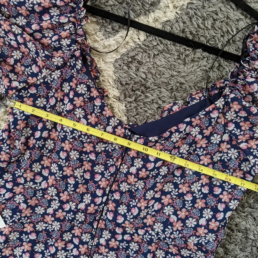 B. Smart Navy and Blush Off the Shoulder Fit and Flare Floral Print Mini Dress